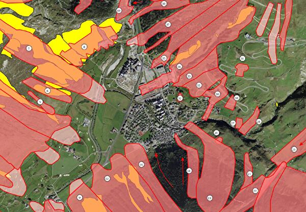 Ausschnitt von Andermatt aus dem digitalen Lawinenatlas des Kantons Uri.