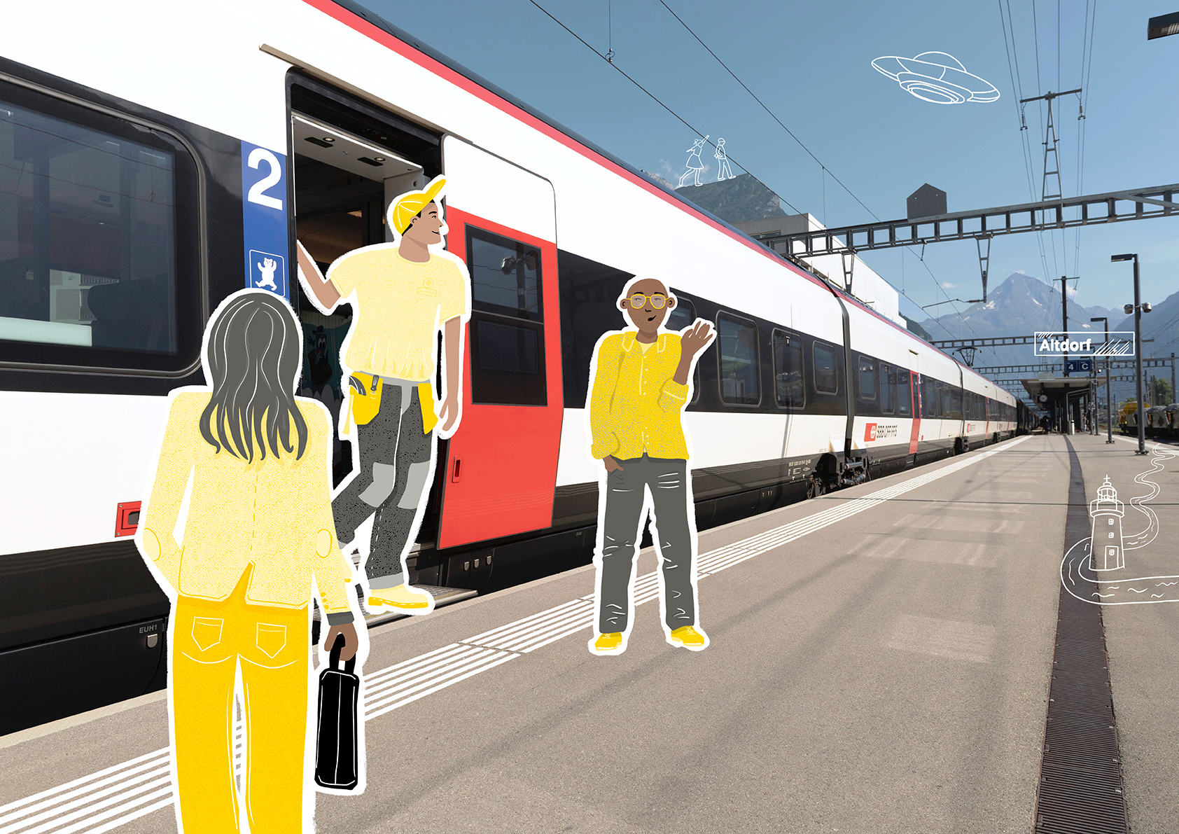 Handwerker und Geschäftsleute bei der Begrüssung auf dem Perron am Kantonsbahnhof (zeigt Verkehr, Tourismus und Innovation)