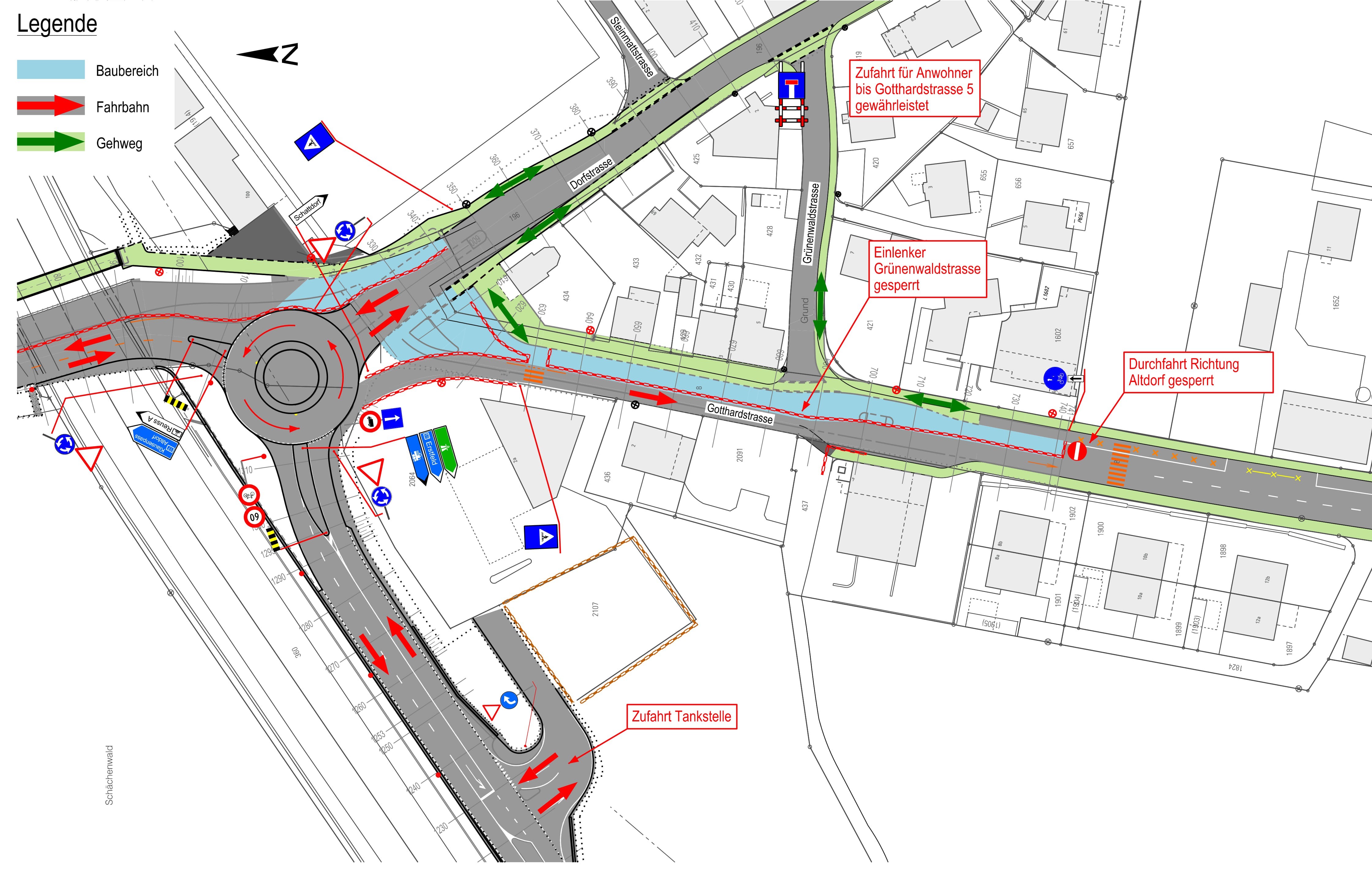 Die neue Verkehrs- und Fussgängerführung beim Kreisel Schächen vom 20. Oktober bis 30. Oktober 2025.