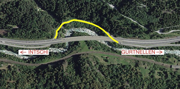 Gelb markiert ist der Bereich, in welchem die Arbeiten ausgeführt werden. Bild Baudirektion Uri