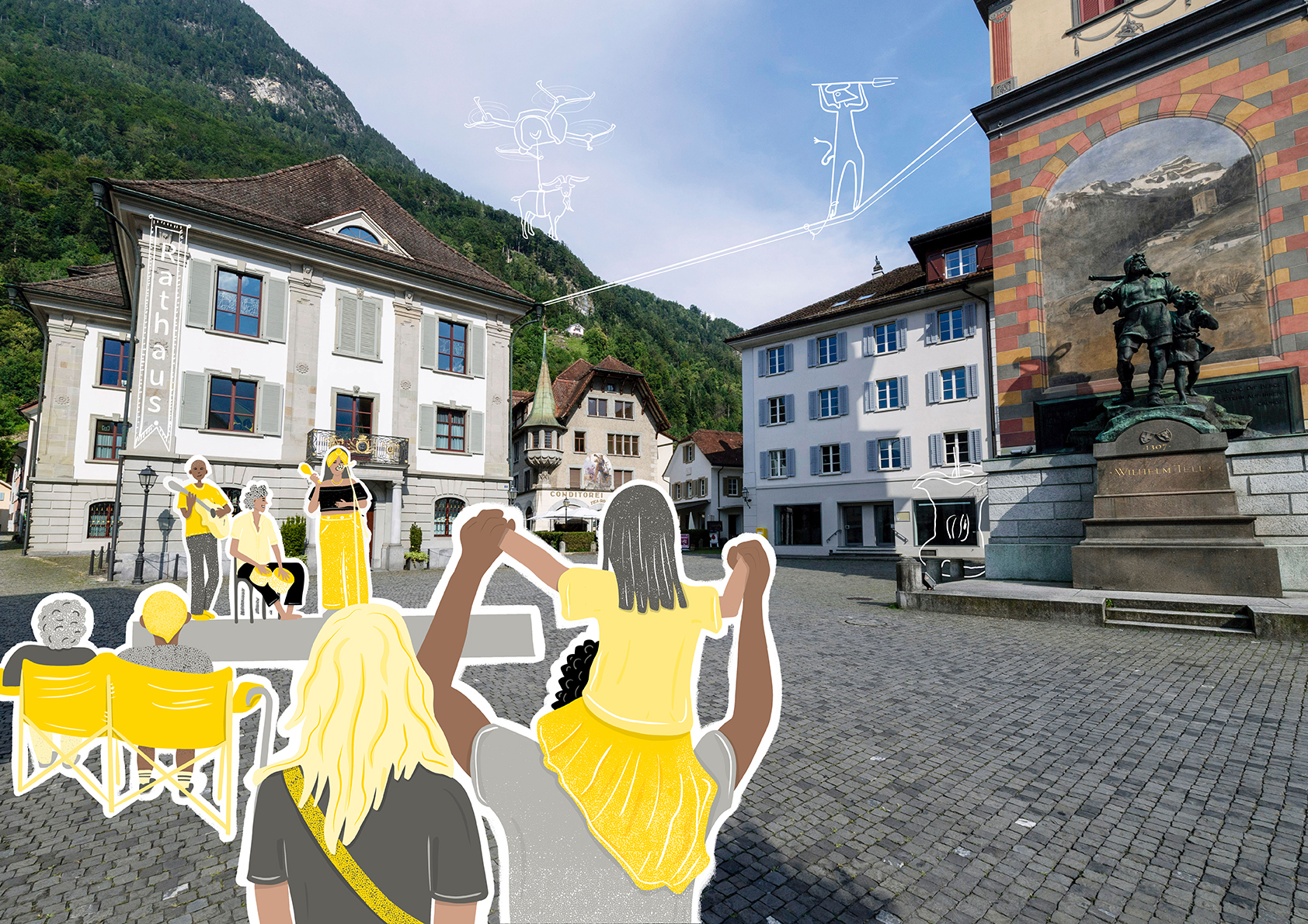 Gruppe/Band und Publikum bei Telldenkmal und Rathaus (zeigt Gesellschaft und Kultur) 