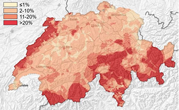 Abbildung 1: Die Radonkarte und die Wahrscheinlichkeit den Referenzwert zu überschreiten [%]. (Quelle Bundesamt für Gesundheit, 2018) 