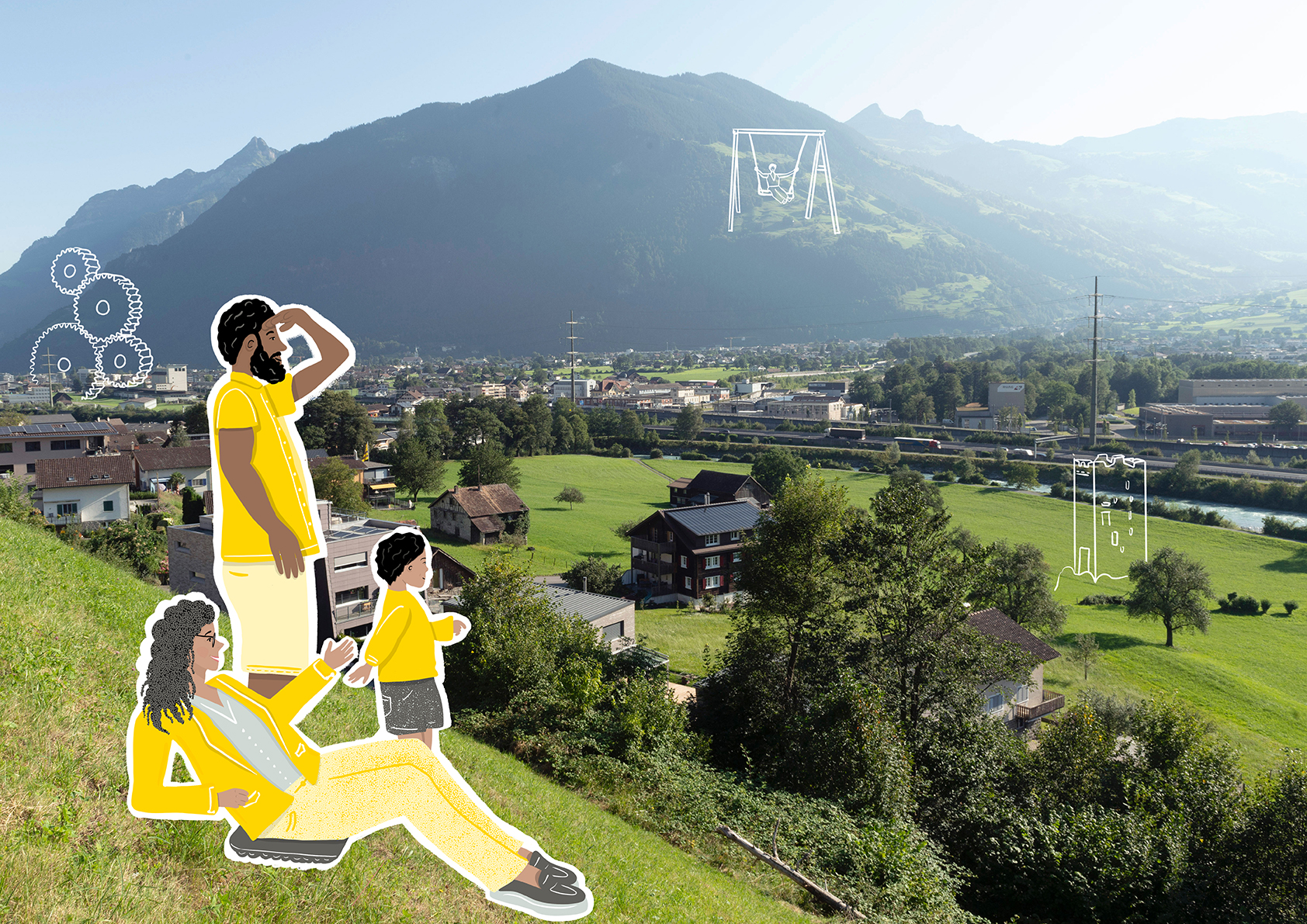 Urner Familie geniesst ob Attinghausen die Aussicht in den Talboden und ins Schächental (zeigt Natur, Wirtschaft und Lebensraum bzw. wohnen, leben, arbeiten) 