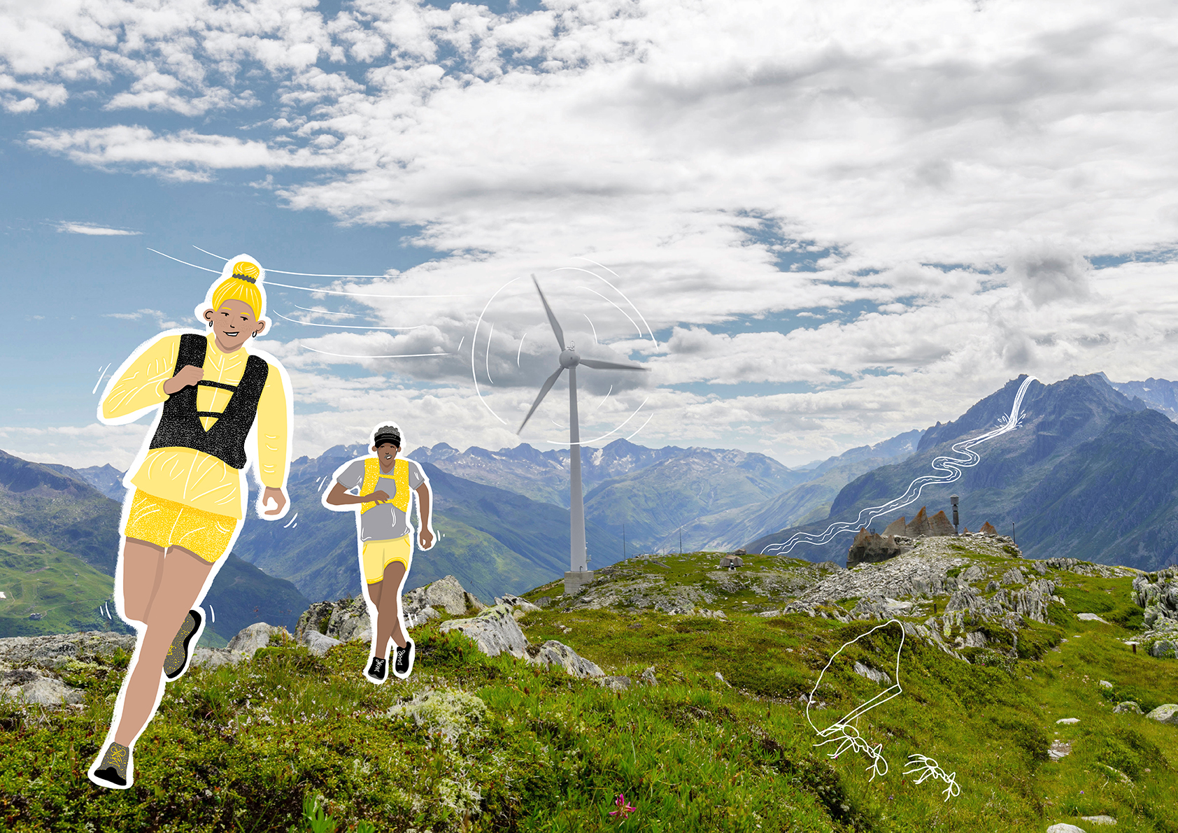Junge Sportbegeisterte vor einer Windturbine auf dem Gütsch (zeigt Wirtschaft und Sport)