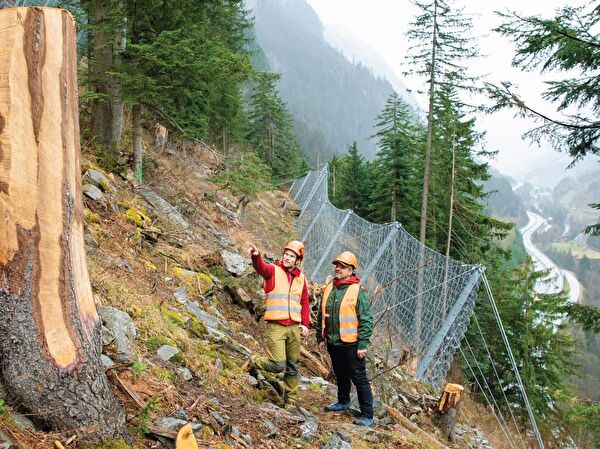 Kreisförster Michael Planzer orientiert Sicherheitsdirektor Dimitri Moretti über die professionelle Wald-pflege im Urner Wald. (Bild Amt für Forst und Jagd)
