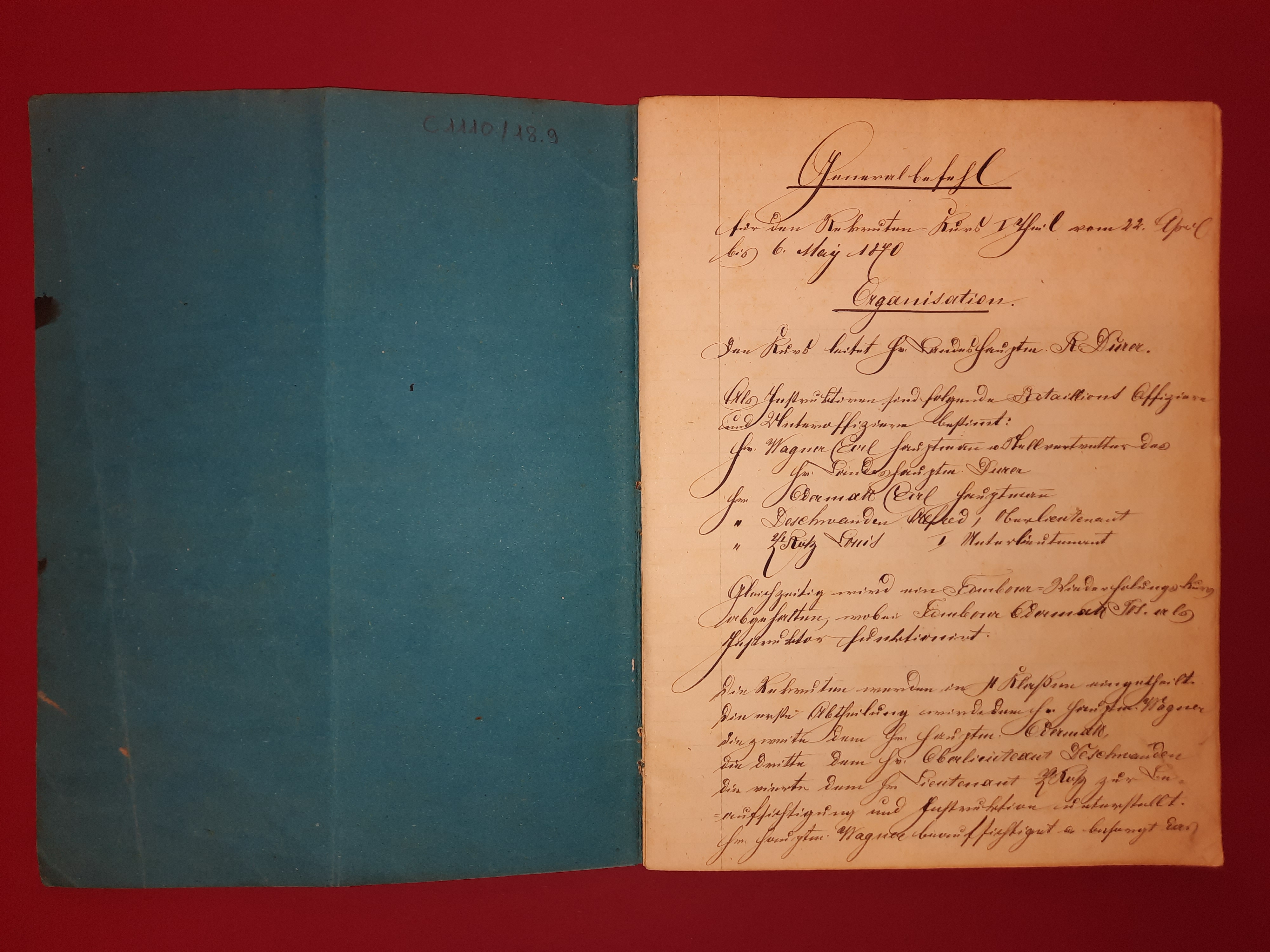 Erste Seite im «Befehlbuch» mit dem Generalbefehl für die Infanterie-Rekrutenschule in Stans von April bis Mai 1870