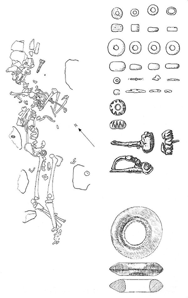 Umzeichnung des Skeletts und der Grabbeigaben (Fachstelle für Archäologie)