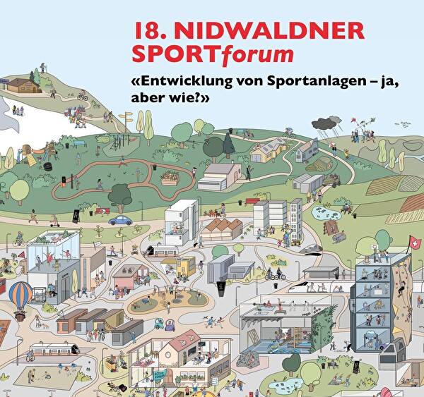 Wimmelbild Sportanlagen und Sporttreibende