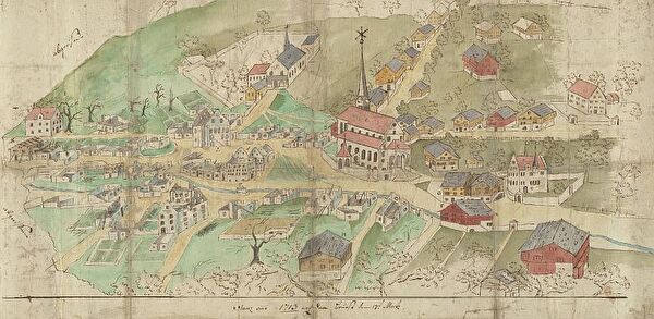 Zeichnung des Dorfes Stans nach dem Dorfbrand 1713 (Staatsarchiv Nidwalden)