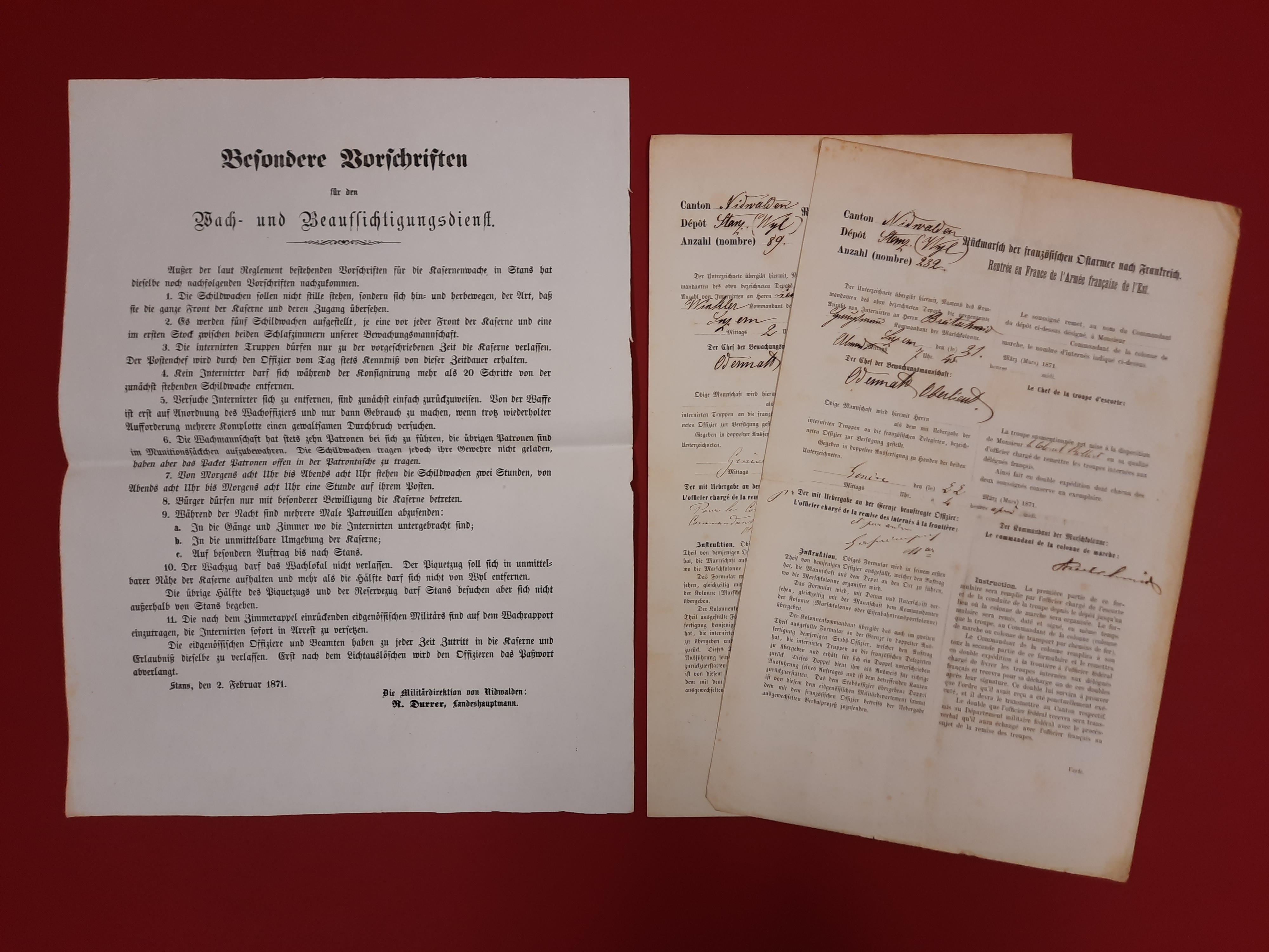 Diese Dokumente zeugen vom Aufenthalt französischer Soldaten der Bourbaki-Armee in der Kaserne Wil. Dort wurden sie im Februar 1871 interniert und verpflegt, bis sie im März 1871 in ihre Heimat zurückgeführt werden konnten