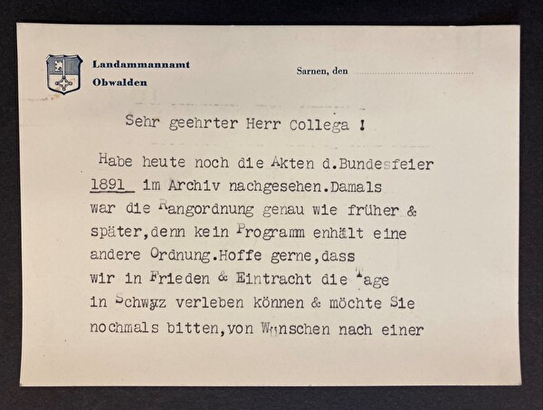 Schreiben des Landammanns von Obwalden 1941
