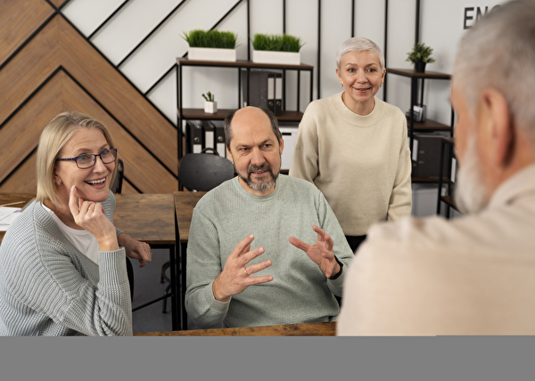 2 Frauen und 2 Männer zwischen 60 und 70, welche eine angeregte Diskussion führen.