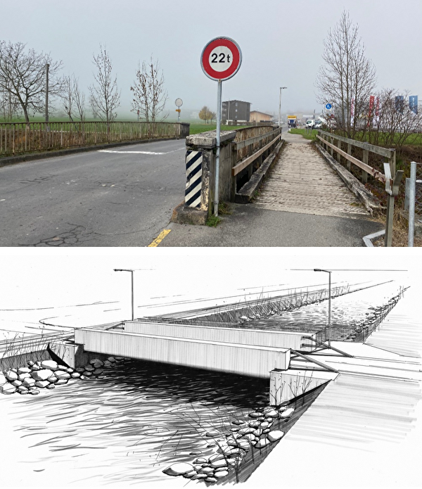 Bild der alten Brücke (oben) und Visualisierung der neuen Brücke (unten).