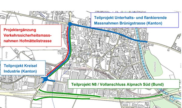 Übersicht über die drei Teilprojekte des Gesamtprojekts Vollanschluss Alpnach Süd (inkl. Projektergänzung Verkehrssicherheitsmassnahmen Hofmättelistrasse)