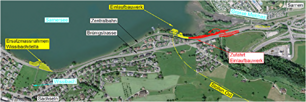 Übersichtsplan der Bauarbeiten im Bereich des Einlaufbauwerks Hochwasserentlastungsstollen Ost, Hochwassersicherheit Sarneraatal.