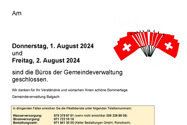 Öffnungszeiten 1. August 2024