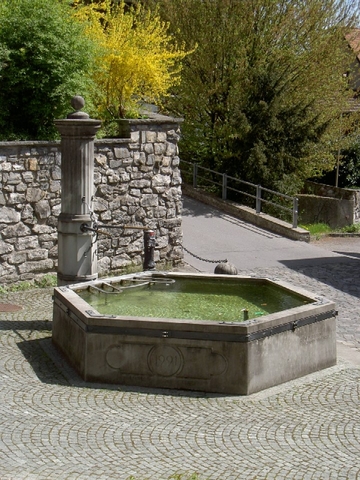 Der Schmittenbrunnen, einst der Hauptbrunnen Balgachs. 1991 aus Anlass des 1100Jahr Jubiläums neu erstellt mit der Brunnensäule.