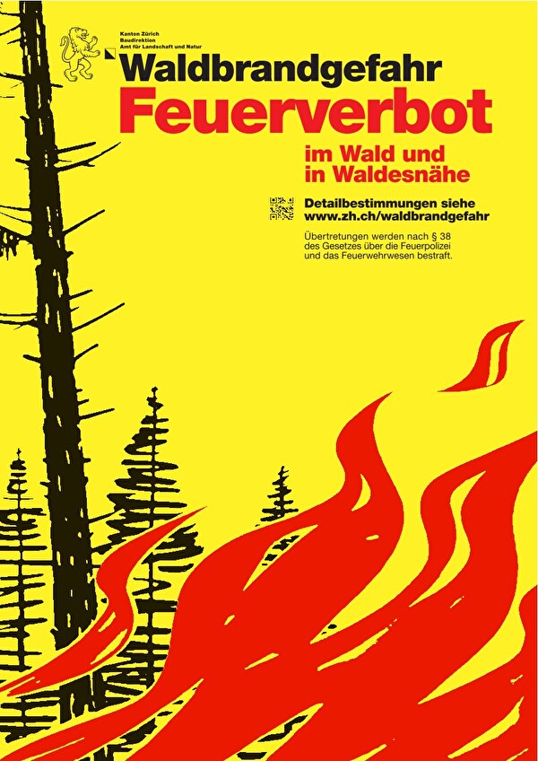 Plakat Feuerverbot mit Bäumen und Feuerzungen