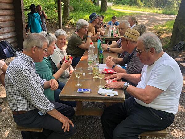 Gesellschaft am Festbank in Waldhütte