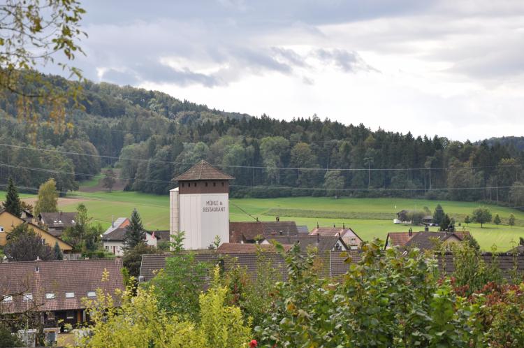 Sicht auf Dorfdächer und Mühliturm