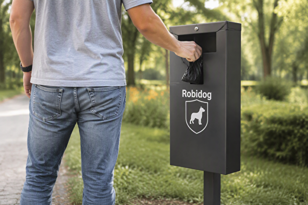 Mann wirft ein Sack in einen Robidog