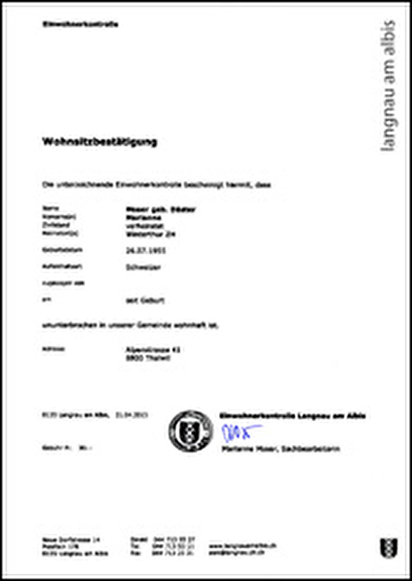Langnau am Albis - Wohnsitzbestätigung