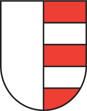 Das Wappen von Uster ist links weiss und rechts rot/weiss horizontal gestreift.