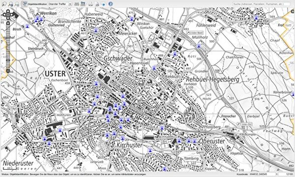 Geografische Karte von Uster mit Brunnenstandorten