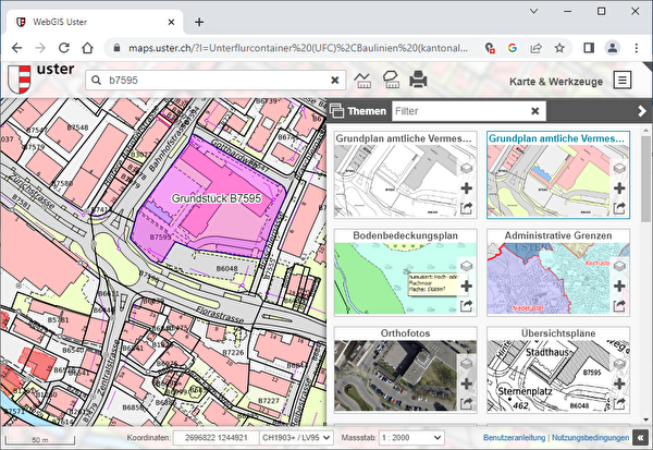Screenshot des erneuerten Kartenviewers WebGIS-Uster
