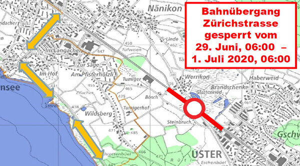 Planausschnitt Sperrung Bahnübergang Werrikon