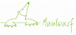 Logo der Kinderkrippe Muulwurf, ein Maulwurf schaut fröhlich aus der Erde