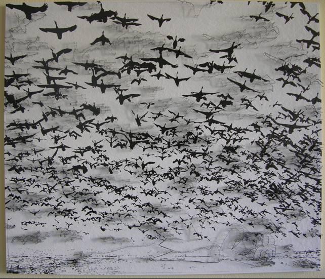 Ohne Titel, 2005, Tuschzeichnung, Stahlstifte, schwarze Tonbänder auf Weichpavatex, 120 x 150 cm