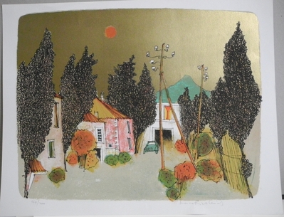 Häusergruppe, Lithographie auf Papier, 35 x 45 auf 39 x 50 cm