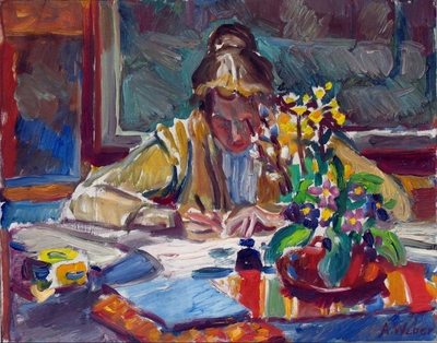 Frau am Schreibtisch, 1958, Öl auf Leinwand, 40 x 50 cm