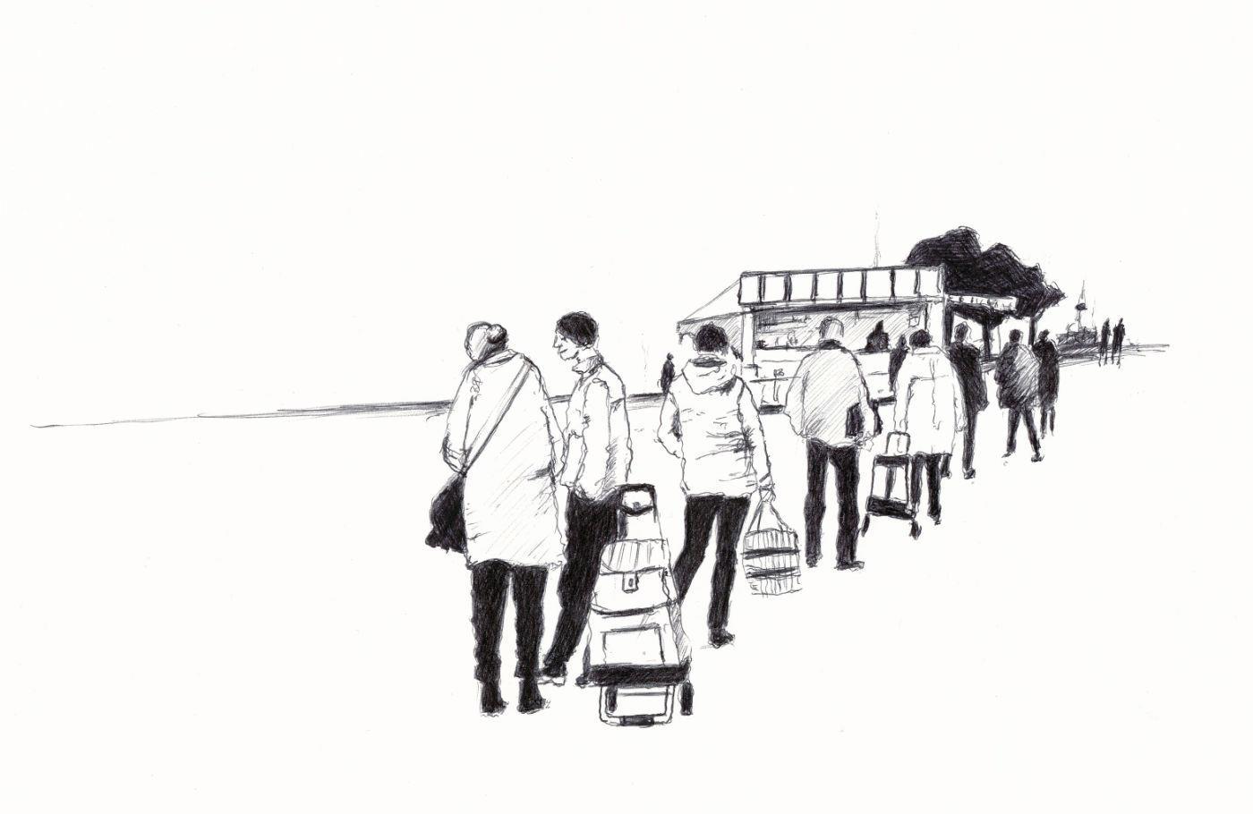 23. April 2020:
Anstehen, 2020, Kugelschreiber auf Papier, 29.7 x 21 cm
