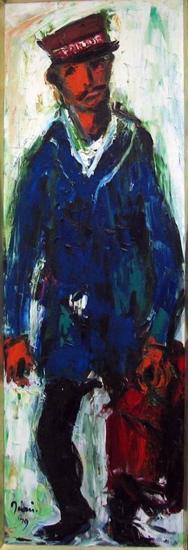 Dienstmann mit Koffer, 1979, Öl auf Leinwand, 150 x 50 cm