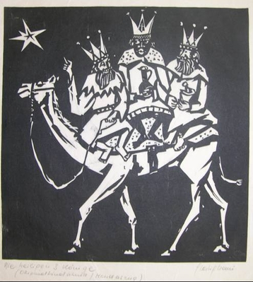 Die heiligen drei Könige, Linol auf Papier, 36 x 35 auf 61 x 48 cm