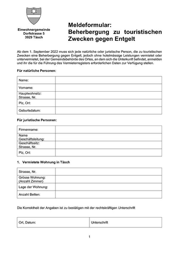 Meldeformular - Beherbergung