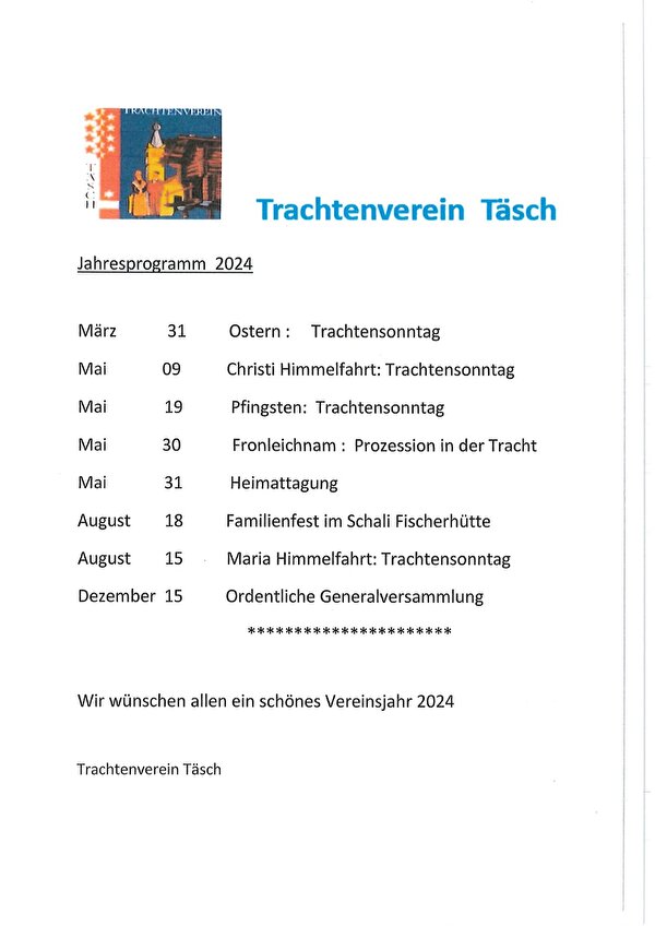 Jahresprogramm Trachtenverein 2024