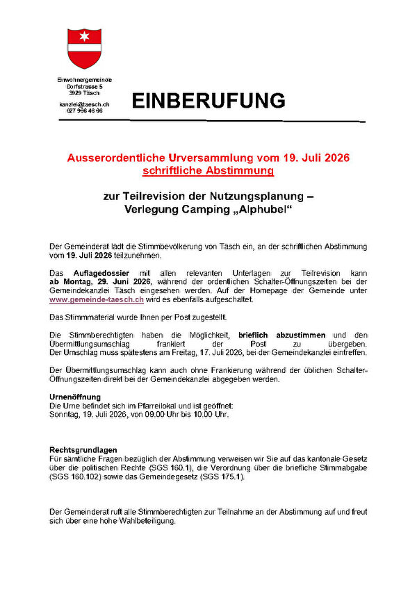 Einberugung zur ausserordentlichen Urversammlung