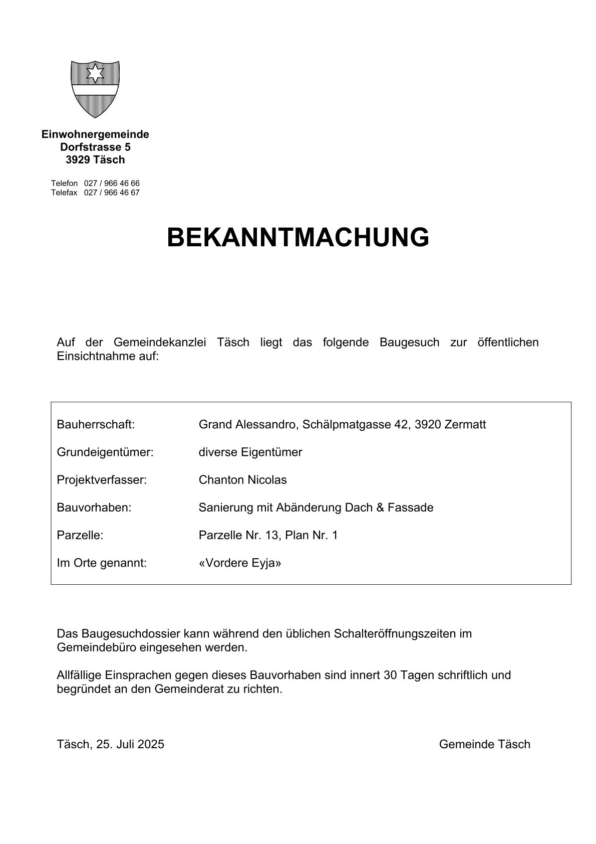 Bauanzeige - Grand Alessandro