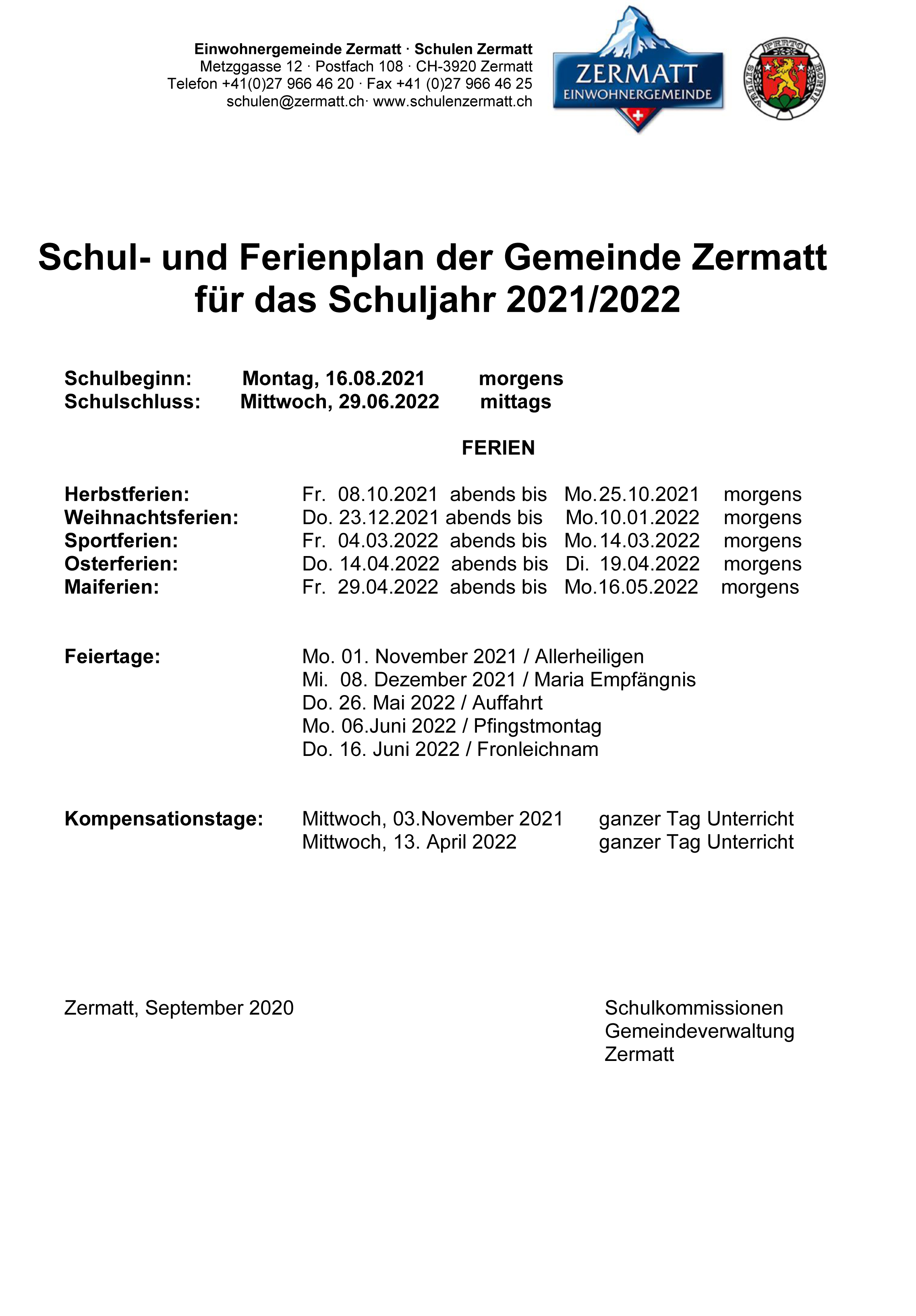 Ferienplan Orientierungsschule Zermatt
