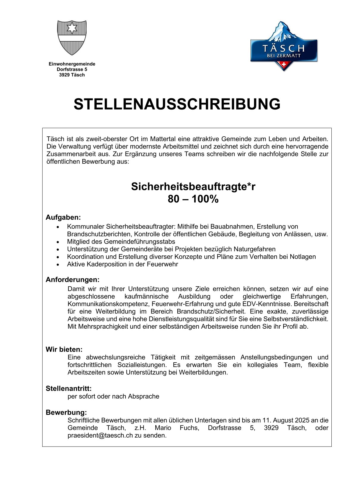 Stellenausschreibung Sicherheit