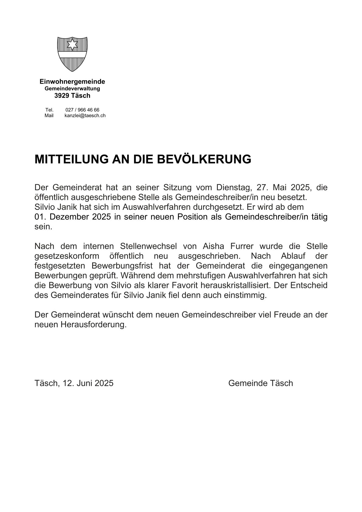 Ernennung Gemeindeschreiber