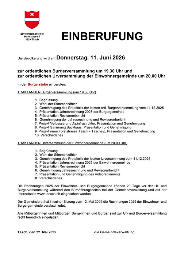 Einberufung für die Burger- und Urversammlung