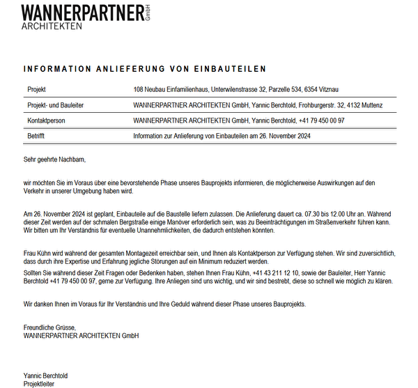 Information Anlieferung von Einbauteilen