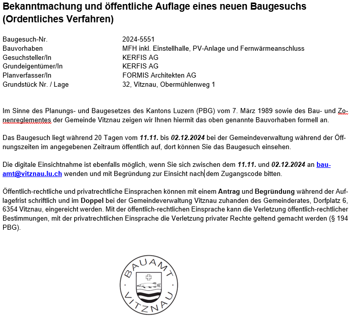 Öffentliche Bekanntmachung eines neuen Baugesuchs