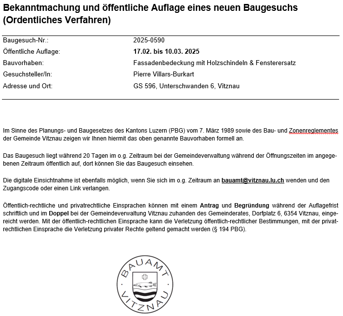 Öffentliche Bekanntmachungen eines neuen Baugesuchs