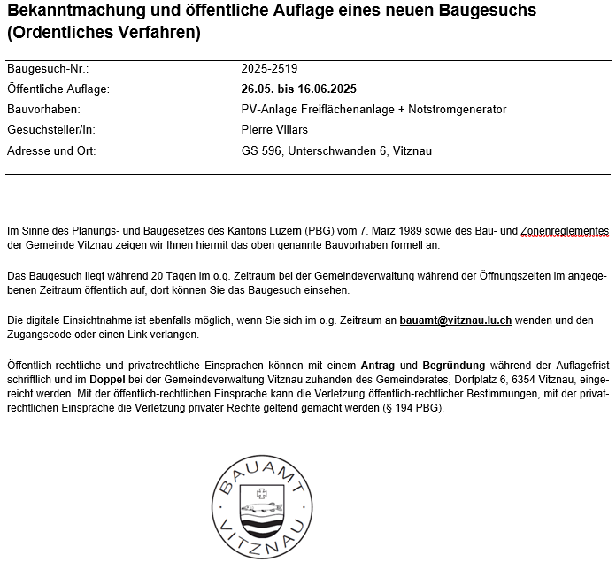 Öffentliche Bekanntmachung eines neuen Baugesuchs