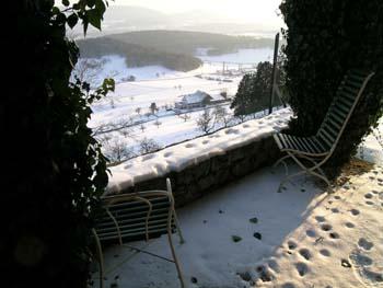 Im Vordergrund ist der Grederhof (Familie Staufer) und etwas weiter westlich der Buechehof erkennbar. Die Aufnahme erfolgte vom Schlossgarten.
